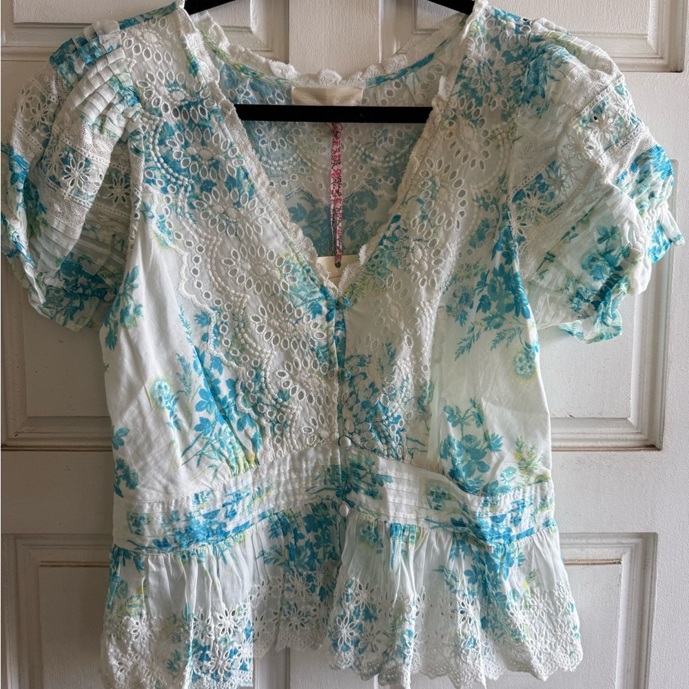 LoveShackFancy White and Blue Puff Sleeve Smocked Blouse
